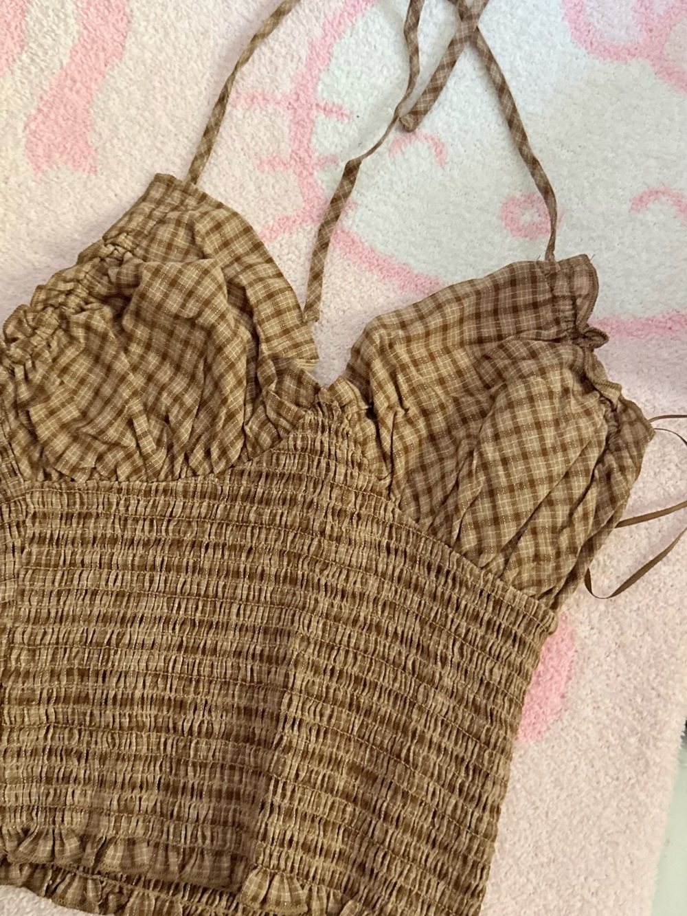 PacSun Brown Plaid Smocked Halter Crop Top